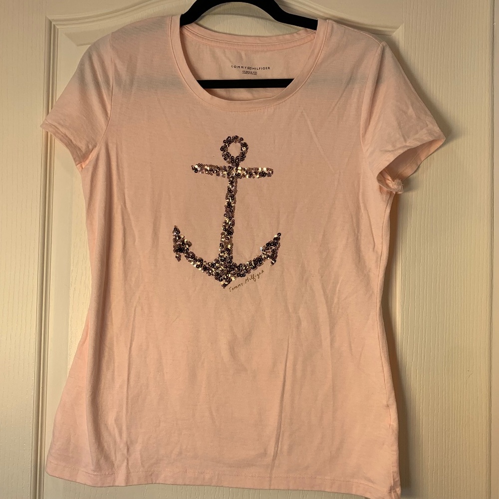 Tommy Hilfiger Women’s Coral Anchor‎ Sequin T-Shirt Classic Fit Size M Cruise